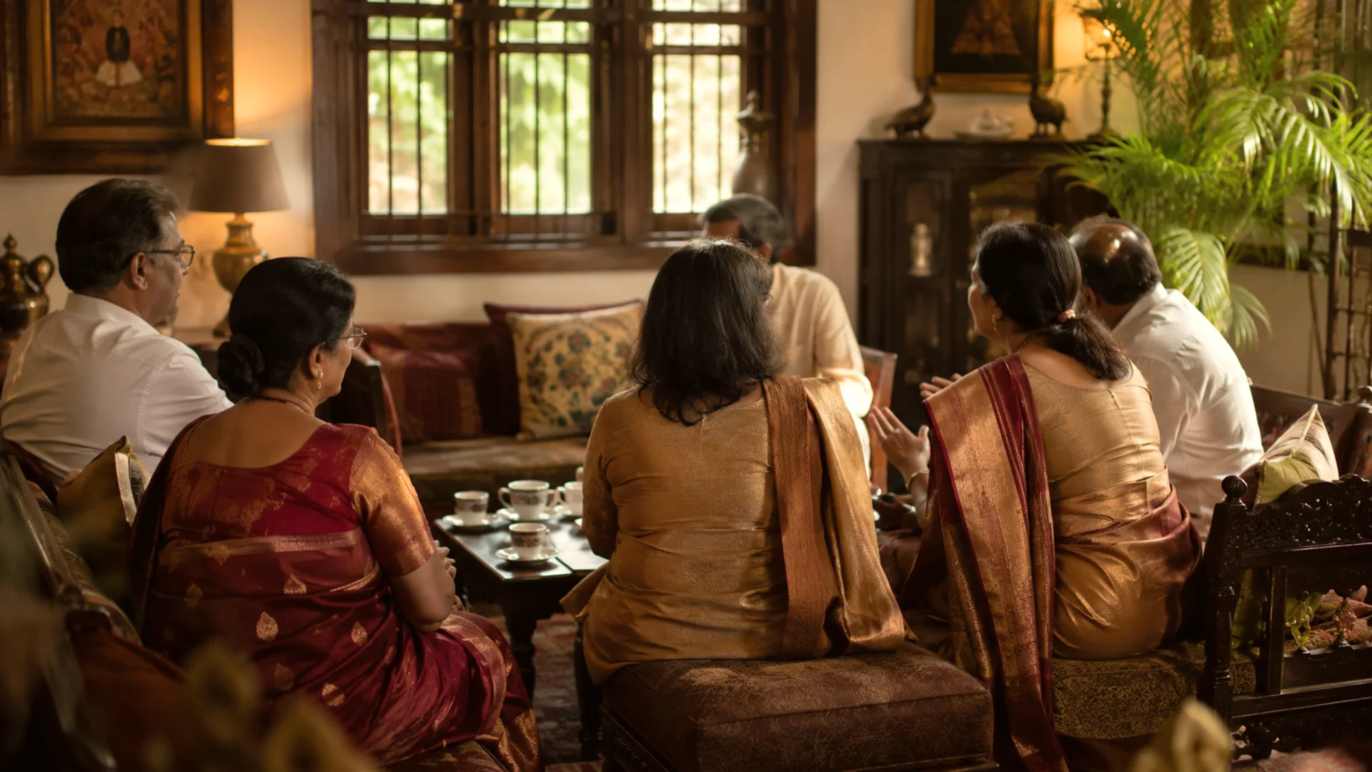 Two families meeting over coffee in a Bangalore home, Anubhandhaa Elite private matchmaking