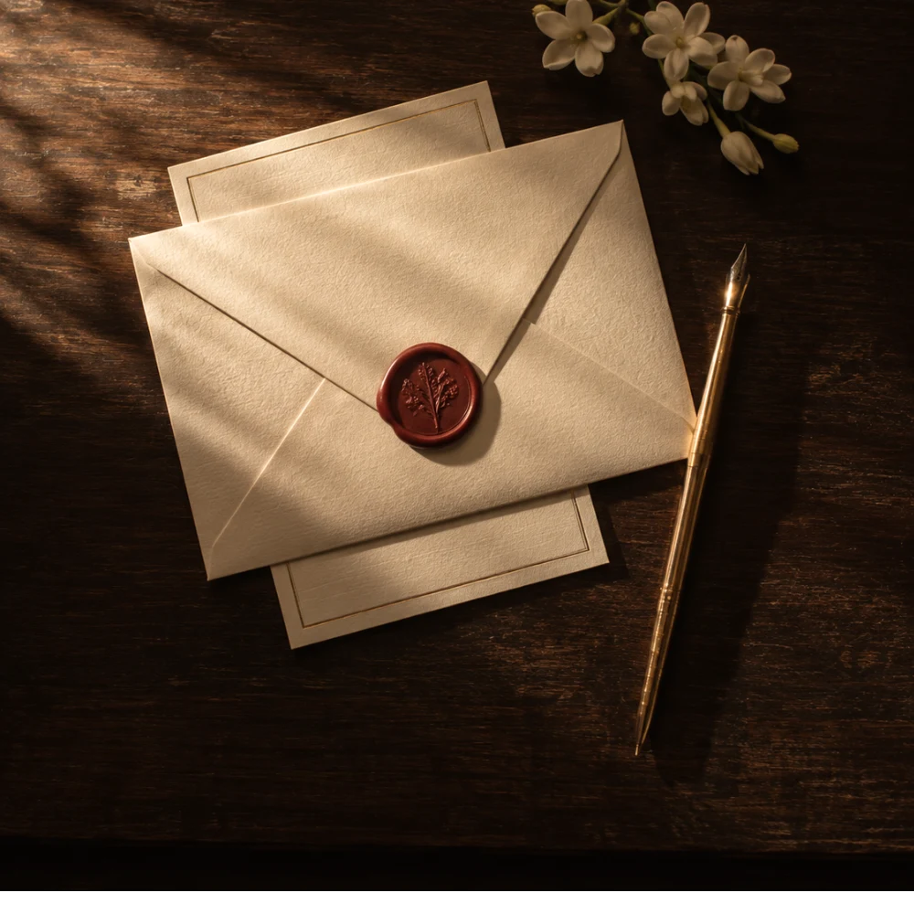 Sealed ivory invitation with red wax seal and gold pen, Anubhandhaa Elite private matchmaking