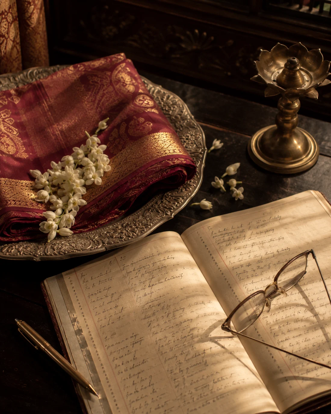 Handwritten matchmaking ledger and folded silk saree, Anubhandhaa matrimony Bangalore