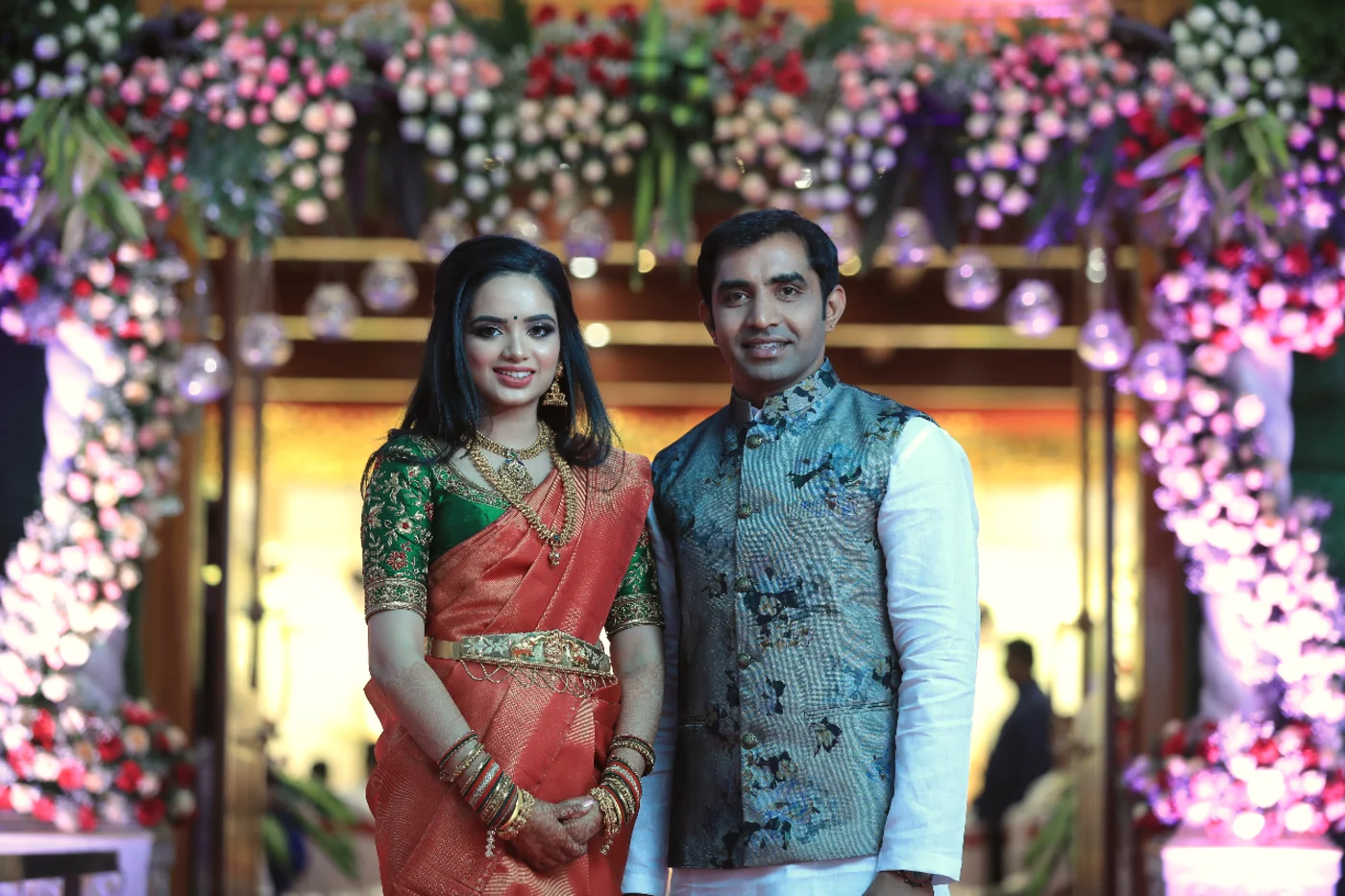 Bride and groom at their reception, matched by Anubhandhaa matrimony Bangalore
